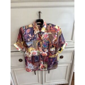 Vintage Jerri Sherman 100% Silk Artwork‎ Button Front Blouse Size 4 Retro